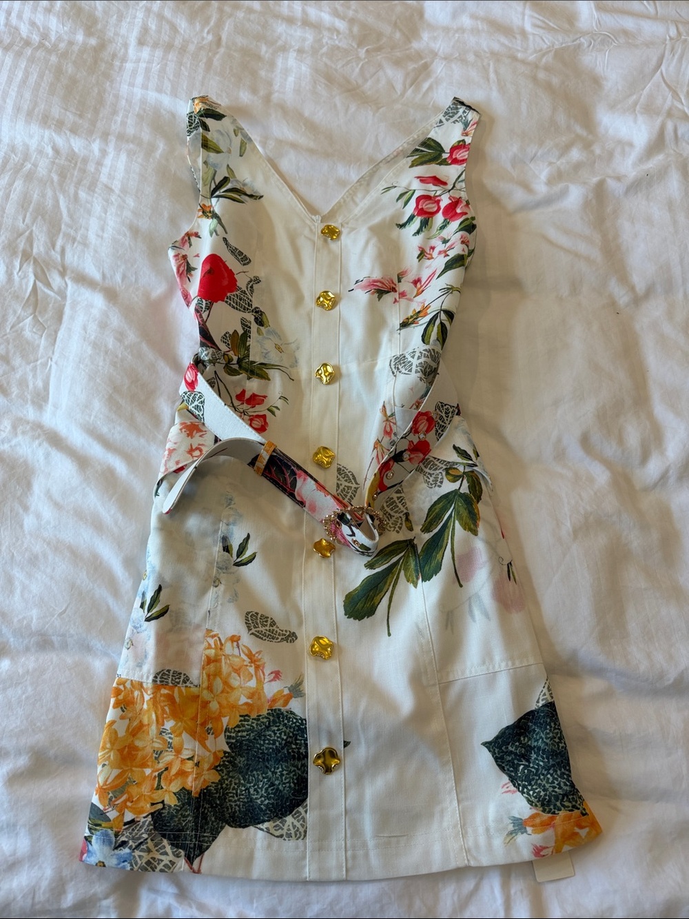 Commense White Floral Button-Front Casual Dress with Gold Buttons